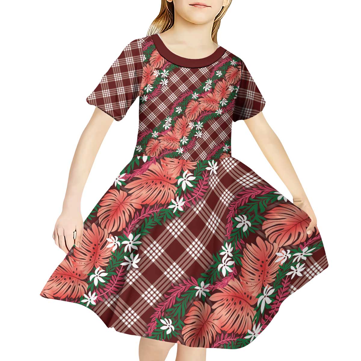 Polynesian Monstera Tiare Floral Kid Short Sleeve Dress Burgundy Tropical Plaid LT01 - Polynesian Pride