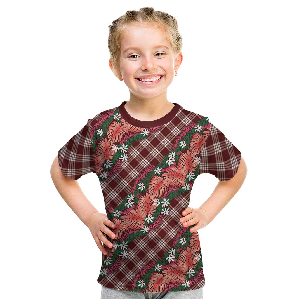 Polynesian Monstera Tiare Floral Kid T Shirt Burgundy Tropical Plaid - Polynesian Pride
