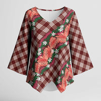 Polynesian Monstera Tiare Floral Kimono Sleeve Blouse Burgundy Tropical Plaid LT01 Female Red - Polynesian Pride