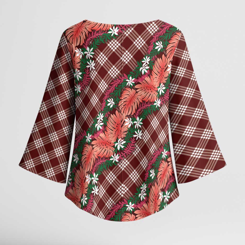 Polynesian Monstera Tiare Floral Kimono Sleeve Blouse Burgundy Tropical Plaid LT01 - Polynesian Pride