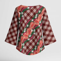 Polynesian Monstera Tiare Floral Kimono Sleeve Blouse Burgundy Tropical Plaid LT01 - Polynesian Pride