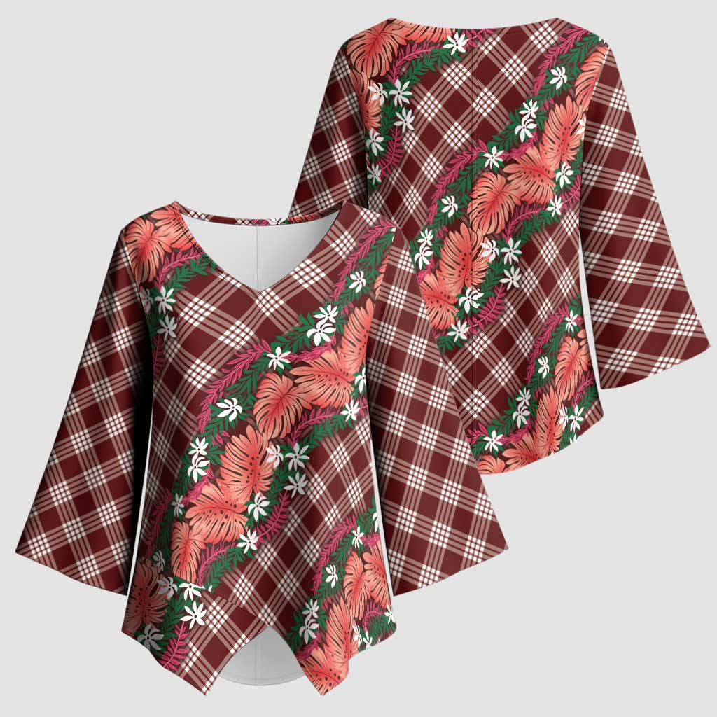 Polynesian Monstera Tiare Floral Kimono Sleeve Blouse Burgundy Tropical Plaid LT01 - Polynesian Pride