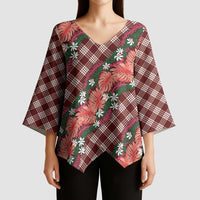 Polynesian Monstera Tiare Floral Kimono Sleeve Blouse Burgundy Tropical Plaid LT01 - Polynesian Pride