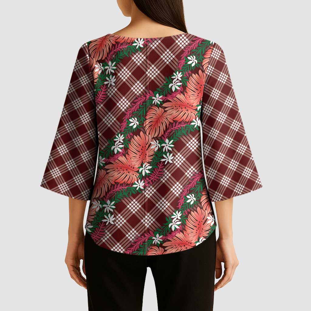 Polynesian Monstera Tiare Floral Kimono Sleeve Blouse Burgundy Tropical Plaid LT01 - Polynesian Pride