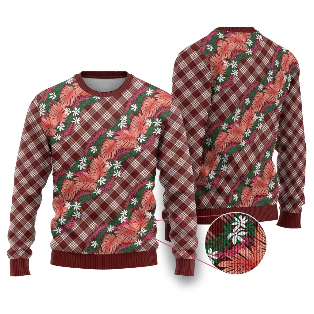 Polynesian Monstera Tiare Floral Ugly Christmas Sweater Burgundy Tropical Plaid - Polynesian Pride
