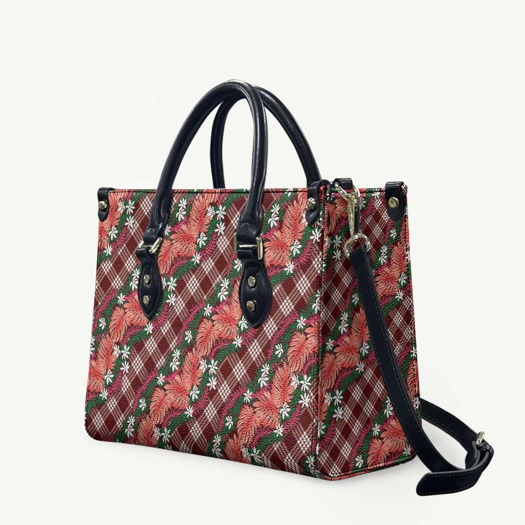Polynesian Monstera Tiare Floral Leather Bag Burgundy Tropical Plaid - Polynesian Pride