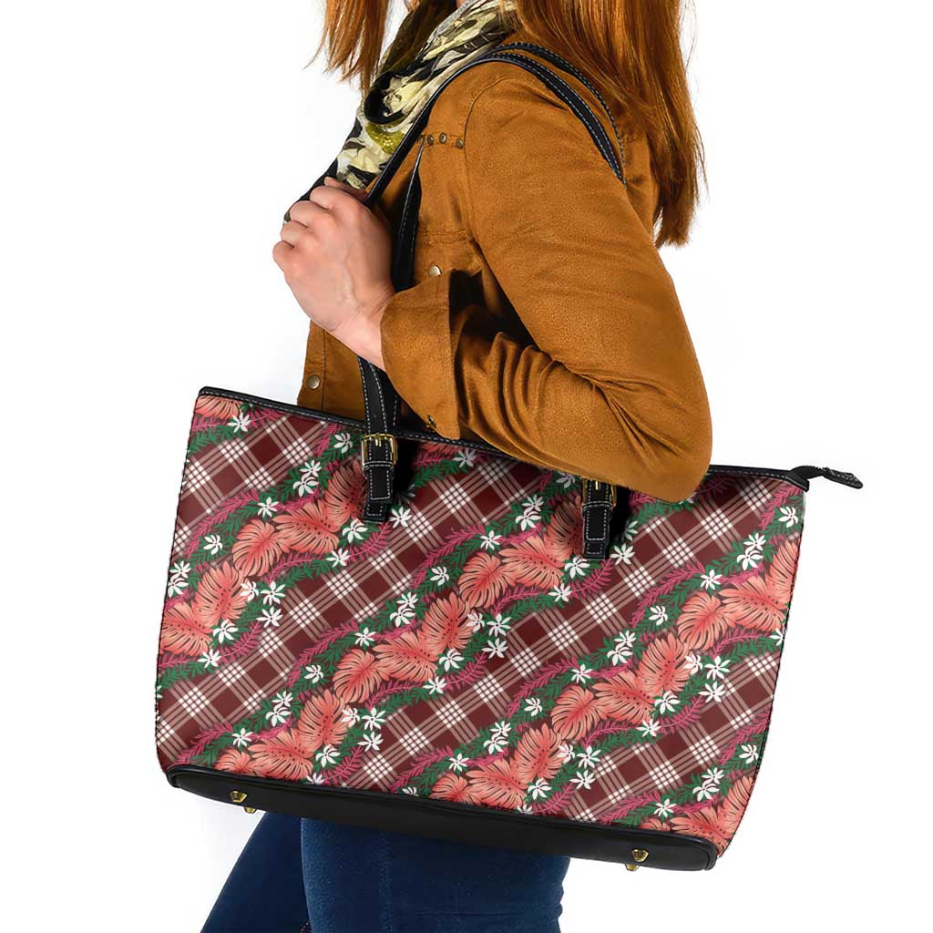 Polynesian Monstera Tiare Floral Leather Tote Bag Burgundy Tropical Plaid - Polynesian Pride