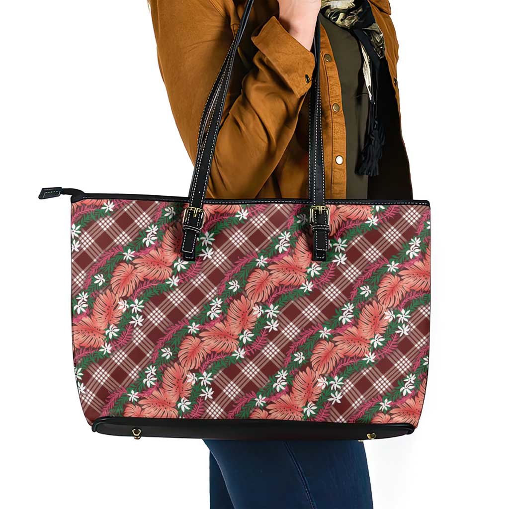 Polynesian Monstera Tiare Floral Leather Tote Bag Burgundy Tropical Plaid - Polynesian Pride