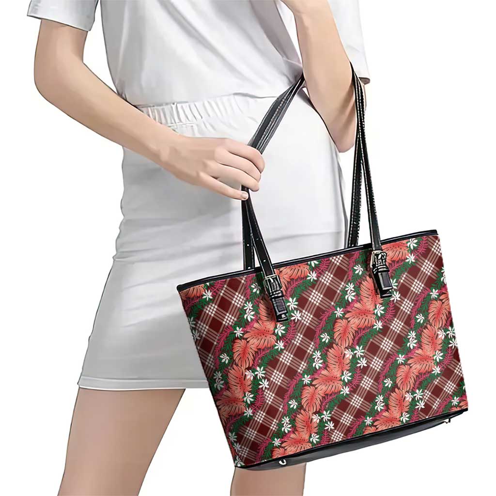 Polynesian Monstera Tiare Floral Leather Tote Bag Burgundy Tropical Plaid - Polynesian Pride