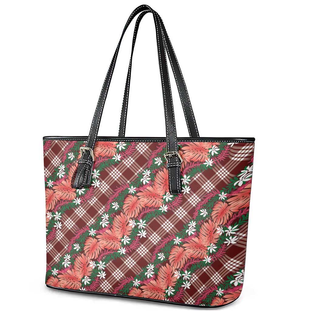 Polynesian Monstera Tiare Floral Leather Tote Bag Burgundy Tropical Plaid - Polynesian Pride