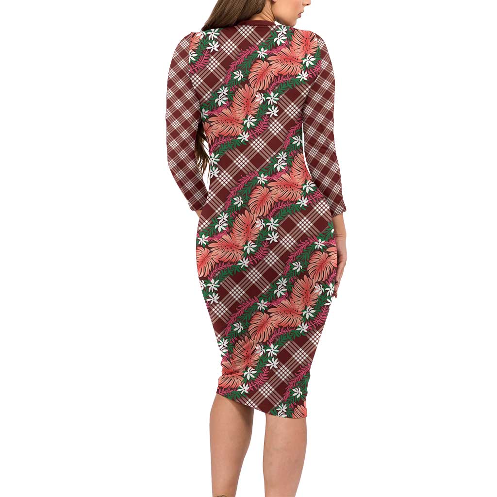 Polynesian Monstera Tiare Floral Long Sleeve Bodycon Dress Burgundy Tropical Plaid - Polynesian Pride