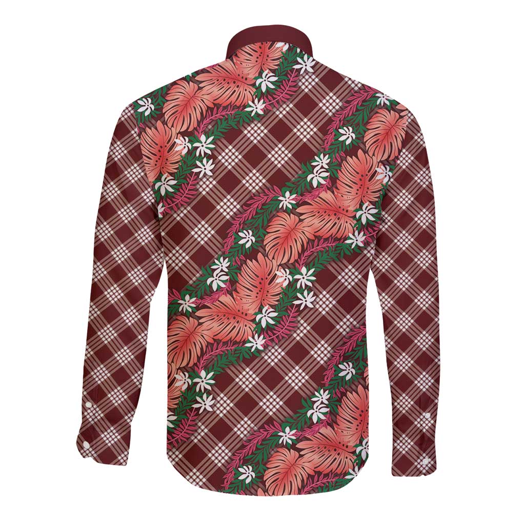 Polynesian Monstera Tiare Floral Long Sleeve Button Shirt Burgundy Tropical Plaid LT01 - Polynesian Pride