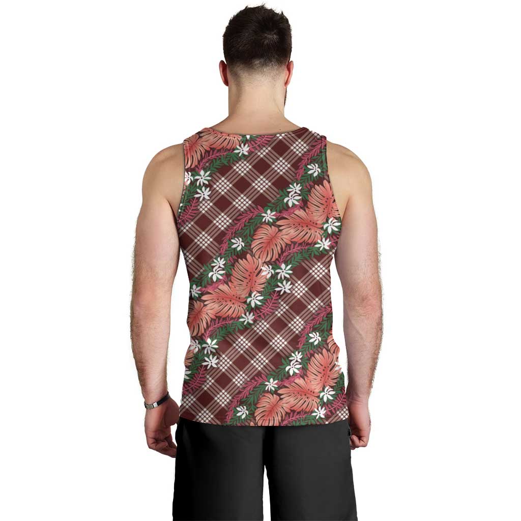 Polynesian Monstera Tiare Floral Men Tank Top Burgundy Tropical Plaid LT01 - Polynesian Pride