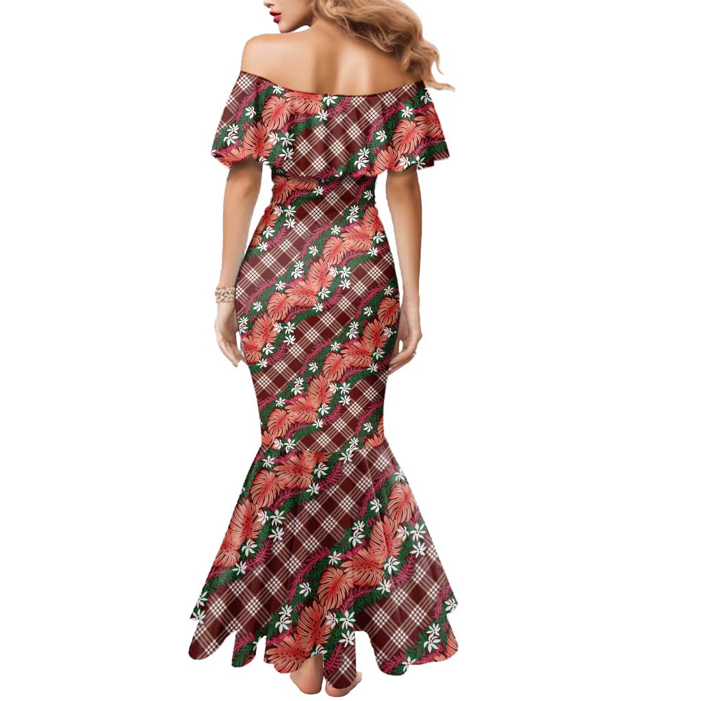 Polynesian Monstera Tiare Floral Mermaid Dress Burgundy Tropical Plaid LT01 - Polynesian Pride