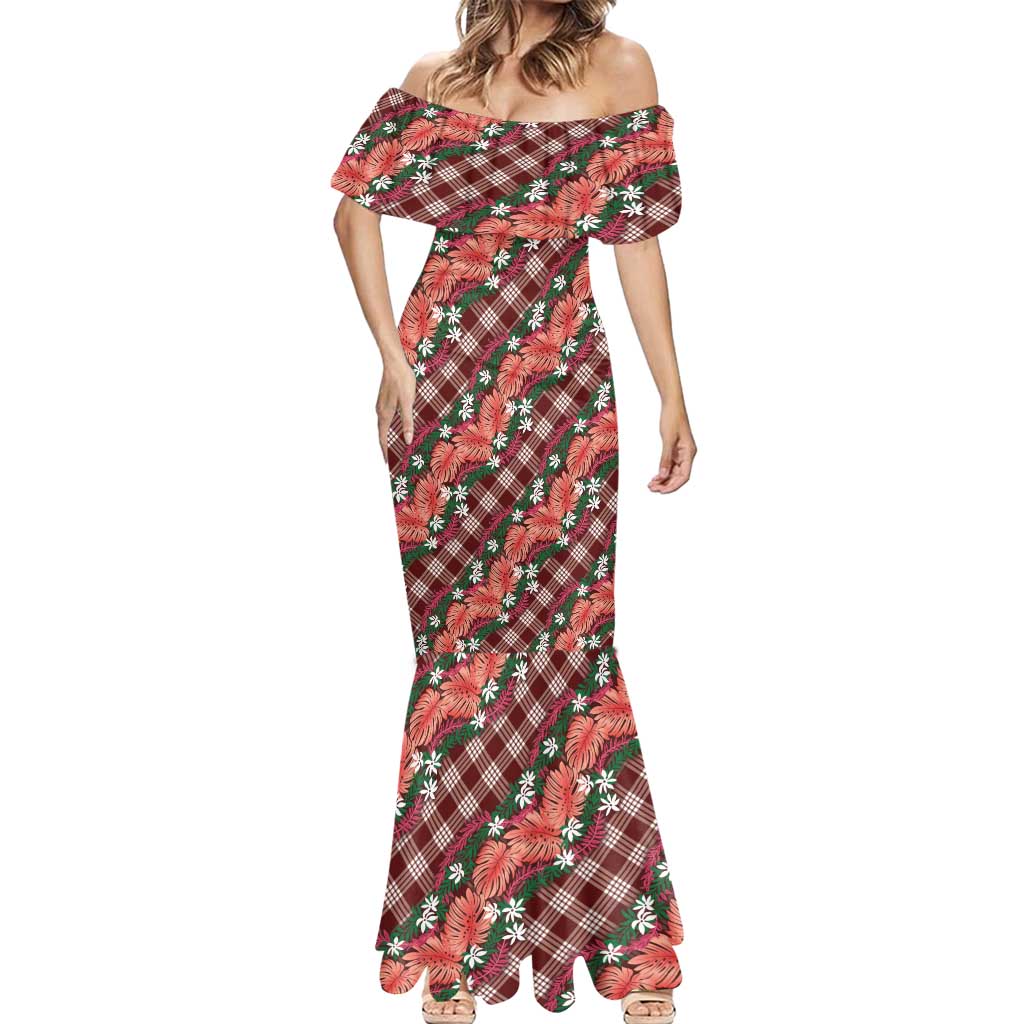 Polynesian Monstera Tiare Floral Mermaid Dress Burgundy Tropical Plaid LT01 - Polynesian Pride