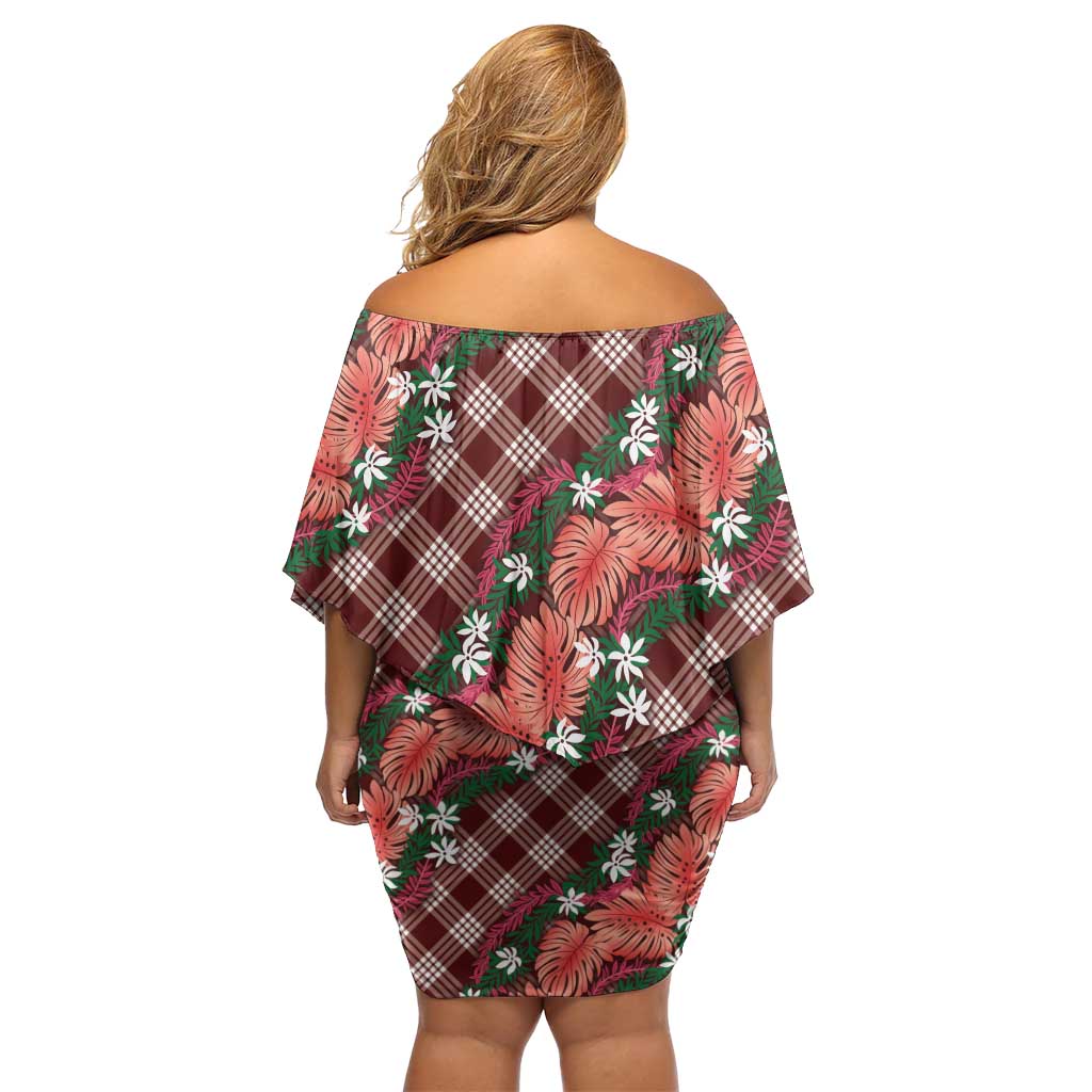 Polynesian Monstera Tiare Floral Off Shoulder Short Dress Burgundy Tropical Plaid LT01 - Polynesian Pride