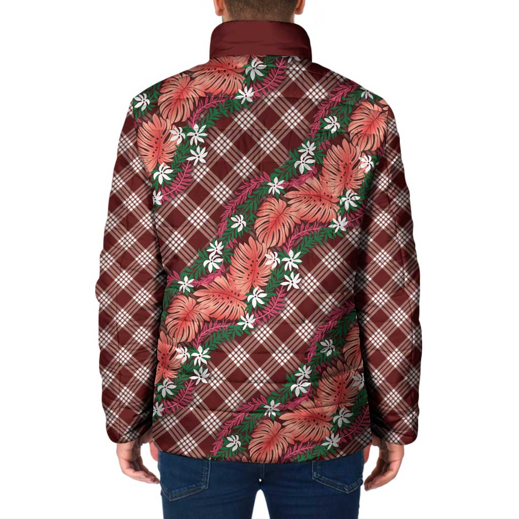 Polynesian Monstera Tiare Floral Padded Jacket Burgundy Tropical Plaid LT01 - Polynesian Pride