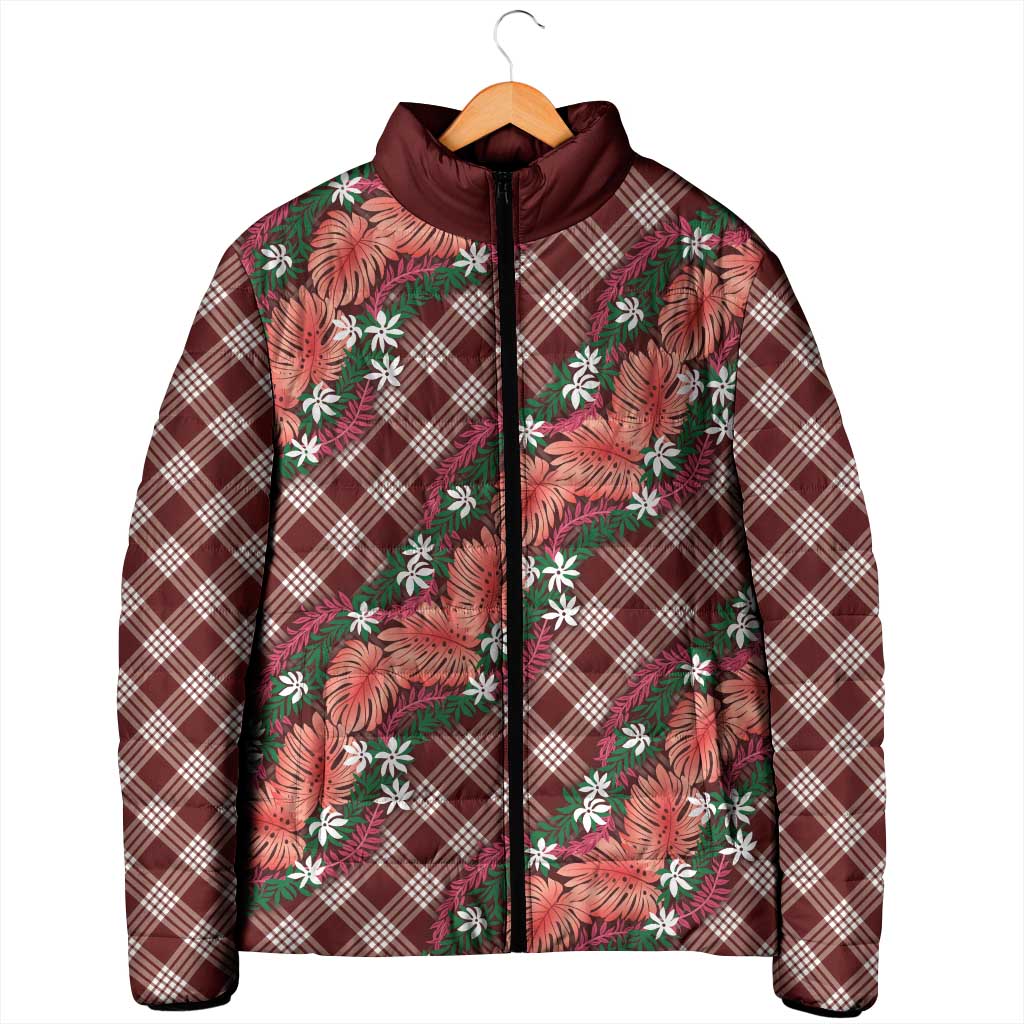 Polynesian Monstera Tiare Floral Padded Jacket Burgundy Tropical Plaid LT01 - Polynesian Pride
