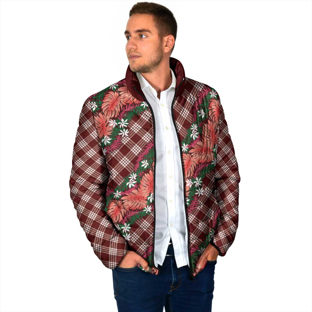 Polynesian Monstera Tiare Floral Padded Jacket Burgundy Tropical Plaid LT01 - Polynesian Pride