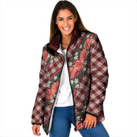 Polynesian Monstera Tiare Floral Padded Jacket Burgundy Tropical Plaid LT01 Women Red - Polynesian Pride