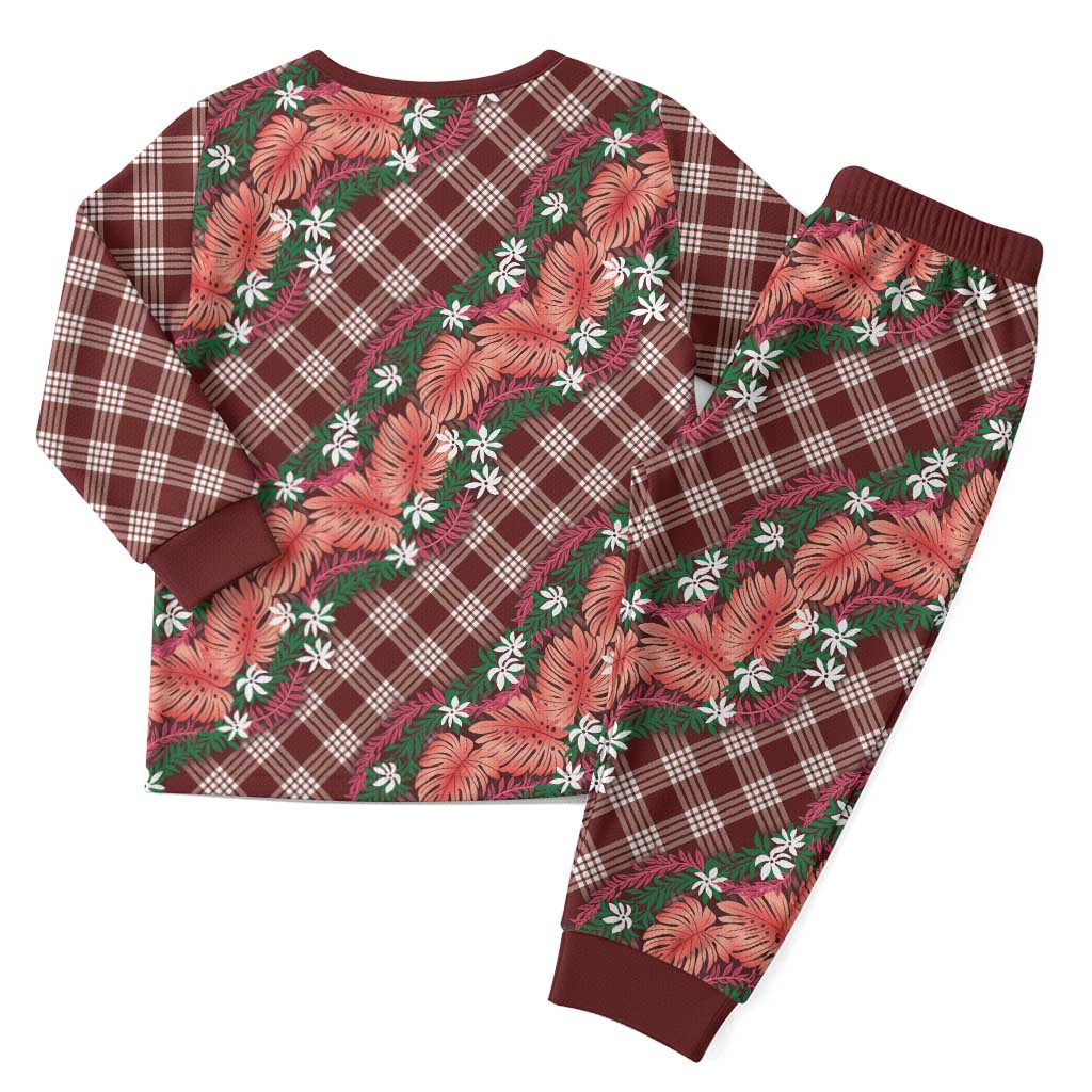 Polynesian Monstera Tiare Floral Christmas Pajama Set Burgundy Tropical Plaid LT01 - Polynesian Pride