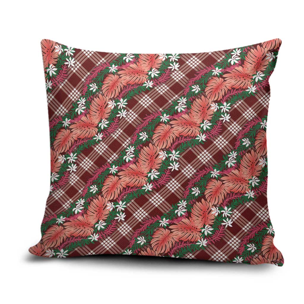 Polynesian Monstera Tiare Floral Pillow Cover Burgundy Tropical Plaid - Polynesian Pride