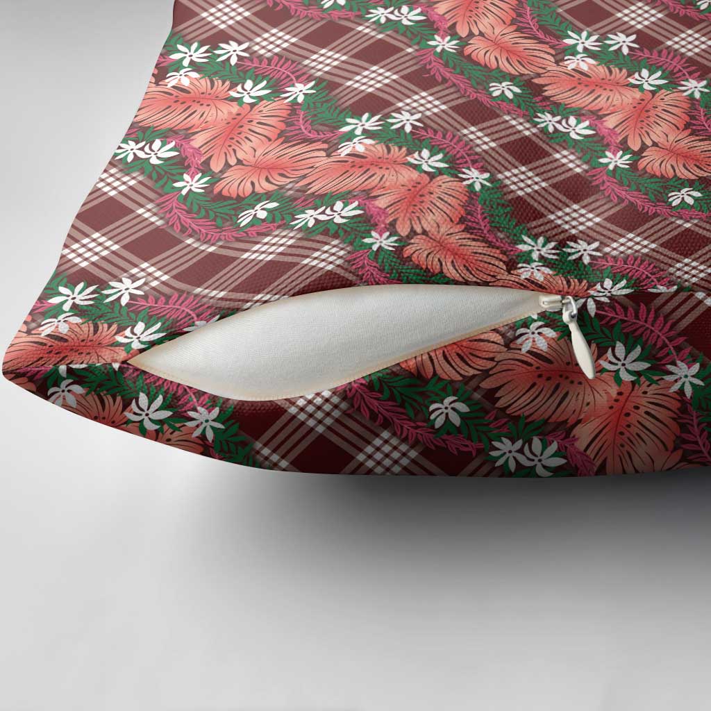 Polynesian Monstera Tiare Floral Pillow Cover Burgundy Tropical Plaid - Polynesian Pride