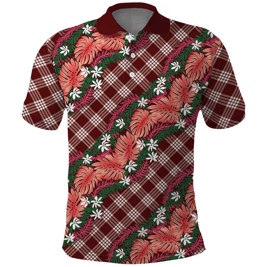 Polynesian Monstera Tiare Floral Polo Shirt Burgundy Tropical Plaid LT01 Red - Polynesian Pride
