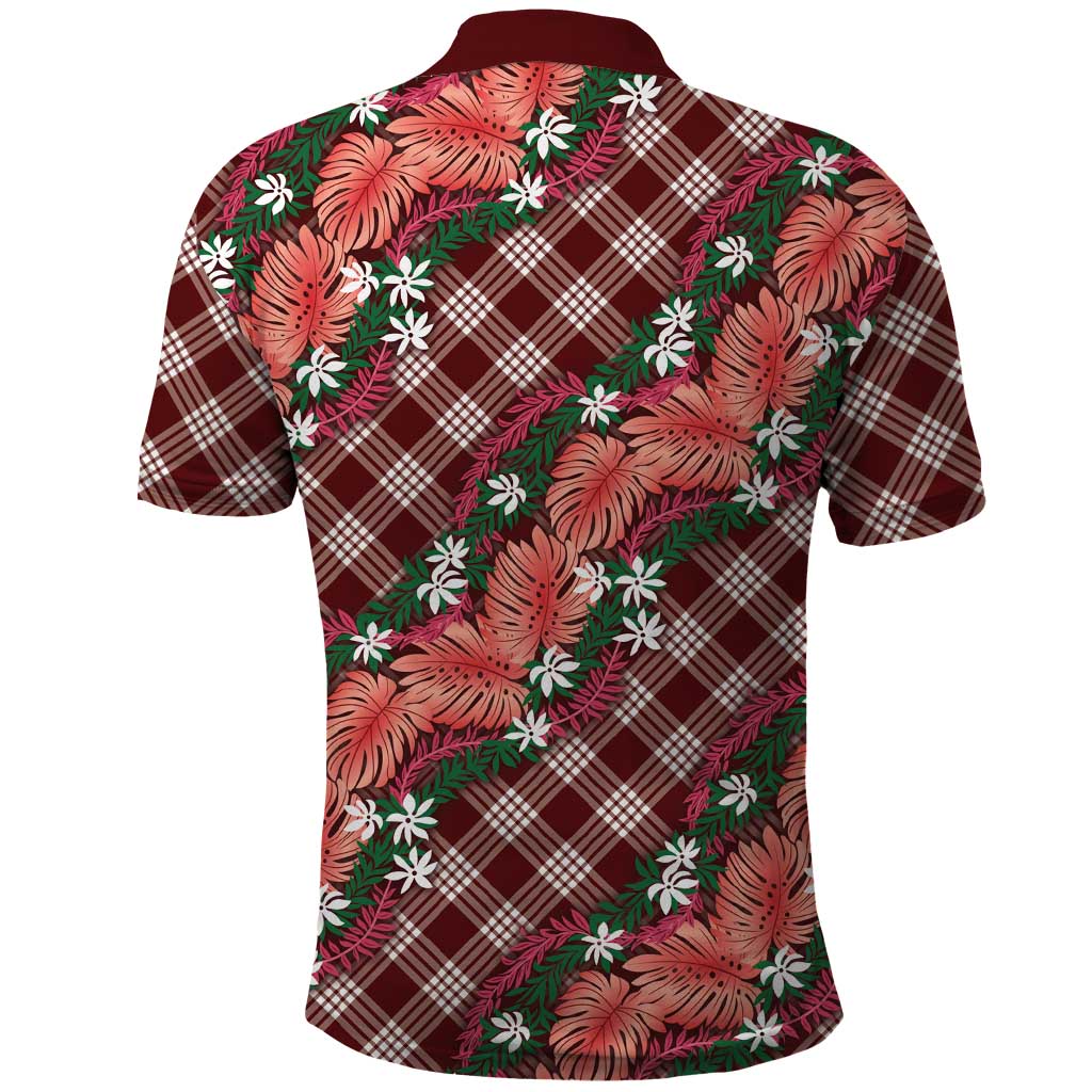 Polynesian Monstera Tiare Floral Polo Shirt Burgundy Tropical Plaid LT01 - Polynesian Pride