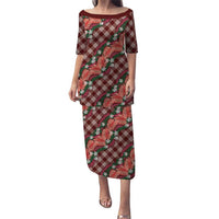 Polynesian Monstera Tiare Floral Puletasi Burgundy Tropical Plaid LT01 Long Dress Red - Polynesian Pride