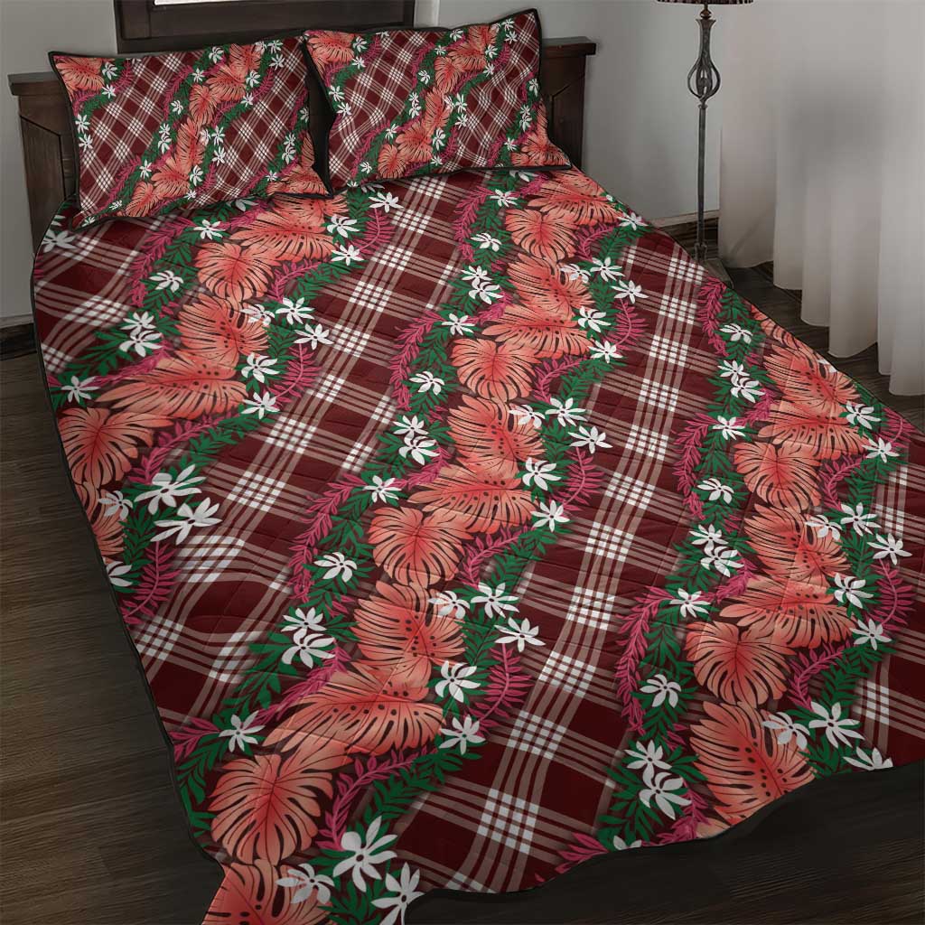Polynesian Monstera Tiare Floral Quilt Bed Set Burgundy Tropical Plaid - Polynesian Pride