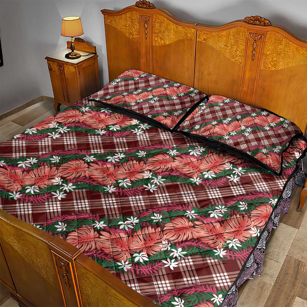 Polynesian Monstera Tiare Floral Quilt Bed Set Burgundy Tropical Plaid - Polynesian Pride