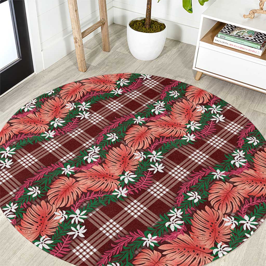 Polynesian Monstera Tiare Floral Round Carpet Burgundy Tropical Plaid - Polynesian Pride