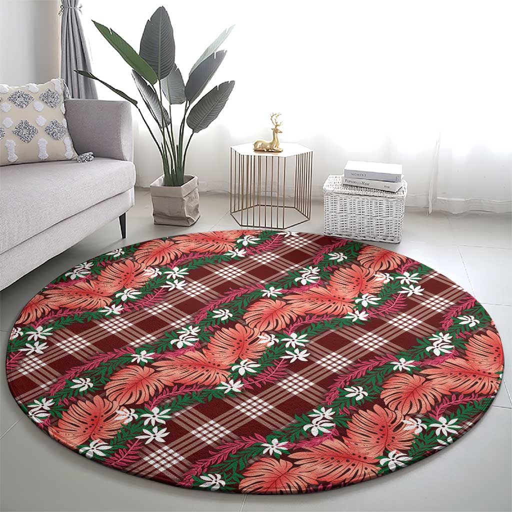 Polynesian Monstera Tiare Floral Round Carpet Burgundy Tropical Plaid - Polynesian Pride