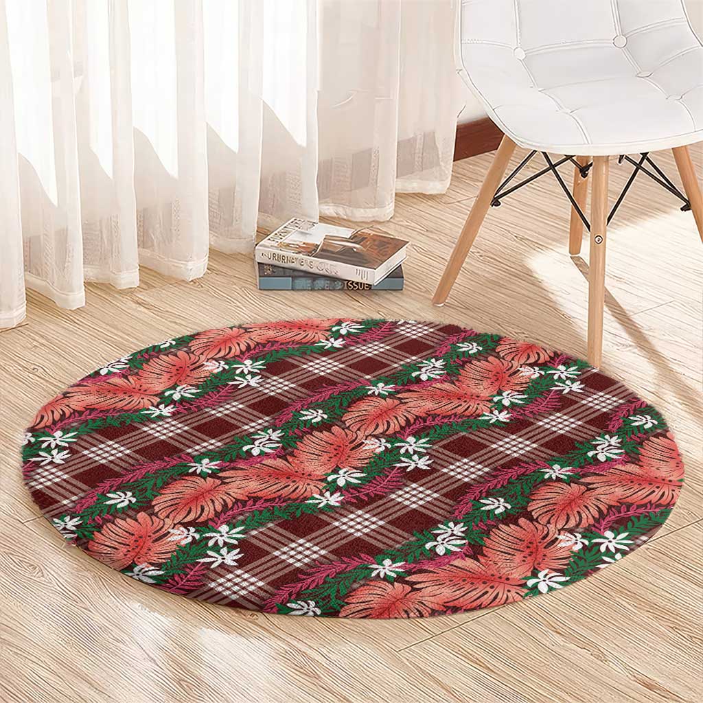 Polynesian Monstera Tiare Floral Round Carpet Burgundy Tropical Plaid - Polynesian Pride