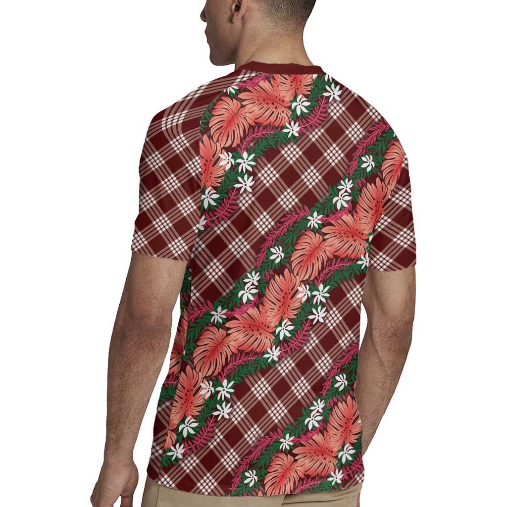 Polynesian Monstera Tiare Floral Rugby Jersey Burgundy Tropical Plaid - Polynesian Pride