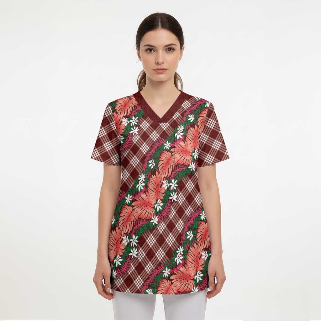 Polynesian Monstera Tiare Floral Scrub Top Burgundy Tropical Plaid LT01 - Polynesian Pride