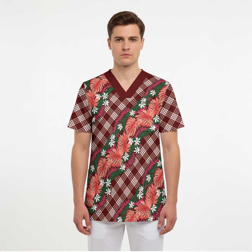 Polynesian Monstera Tiare Floral Scrub Top Burgundy Tropical Plaid LT01 - Polynesian Pride