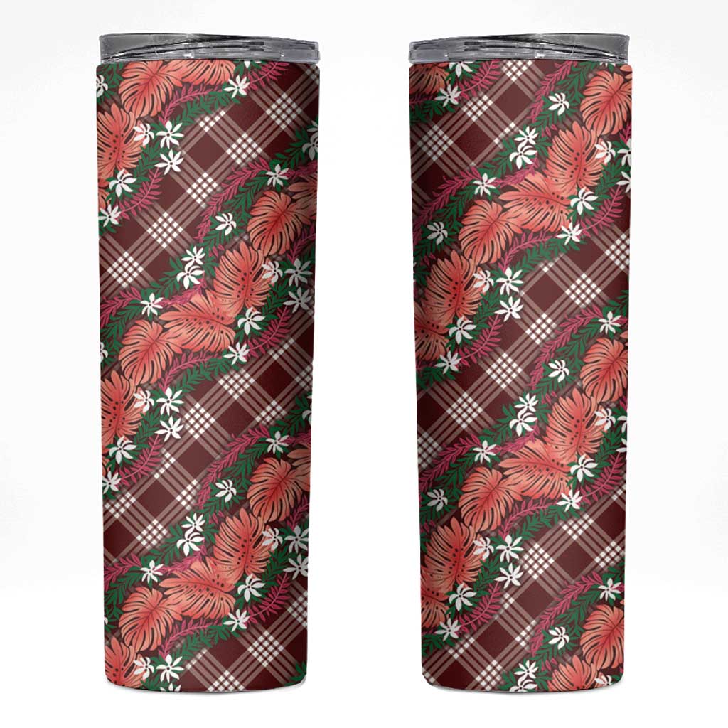 Polynesian Monstera Tiare Floral Skinny Tumbler Burgundy Tropical Plaid LT01 Red - Polynesian Pride