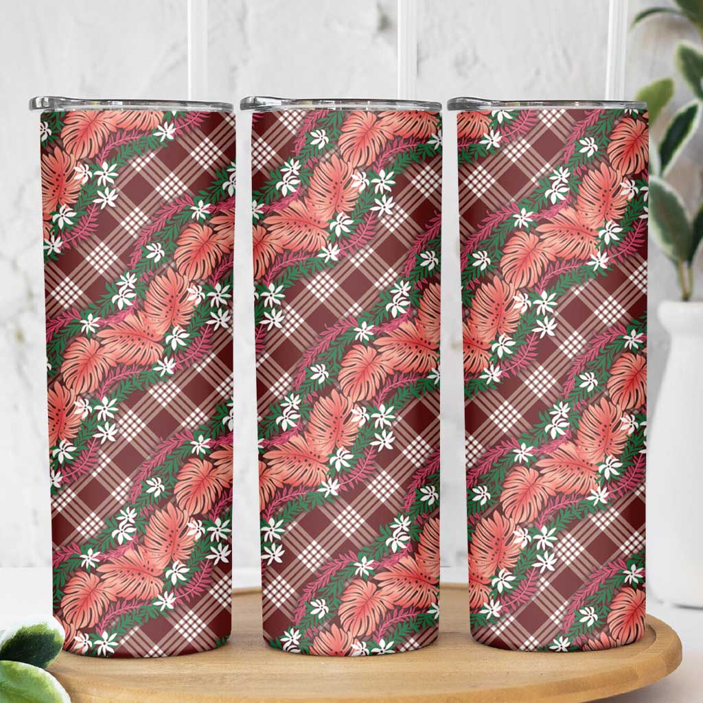 Polynesian Monstera Tiare Floral Skinny Tumbler Burgundy Tropical Plaid - Polynesian Pride