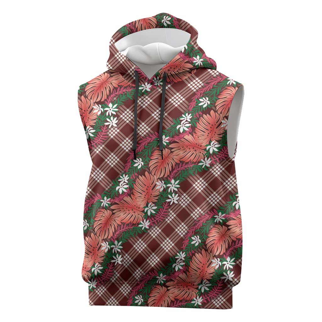 Polynesian Monstera Tiare Floral Sleeveless Hoodie Burgundy Tropical Plaid LT01 Red - Polynesian Pride