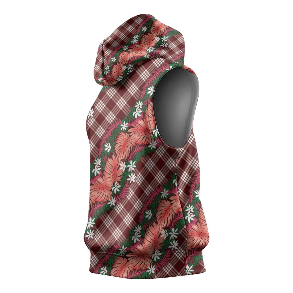 Polynesian Monstera Tiare Floral Sleeveless Hoodie Burgundy Tropical Plaid LT01 - Polynesian Pride