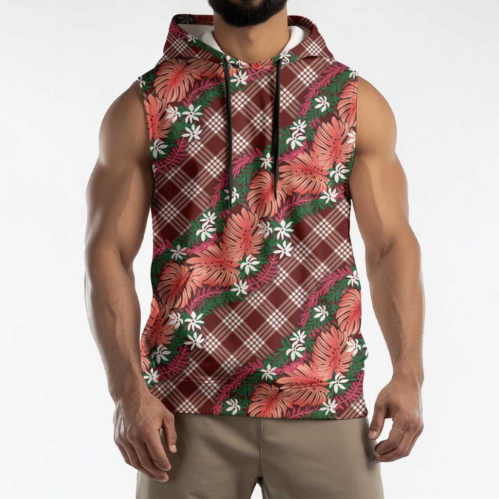 Polynesian Monstera Tiare Floral Sleeveless Hoodie Burgundy Tropical Plaid LT01 - Polynesian Pride