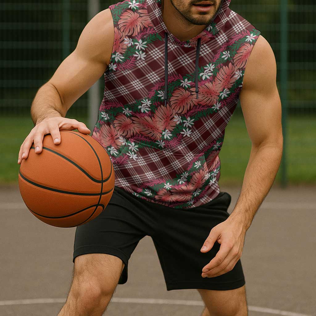 Polynesian Monstera Tiare Floral Sleeveless Hoodie Burgundy Tropical Plaid LT01 - Polynesian Pride