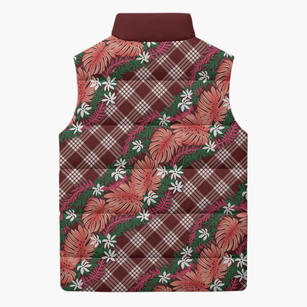 Polynesian Monstera Tiare Floral Sleeveless Puffer Jacket Burgundy Tropical Plaid LT01 - Polynesian Pride