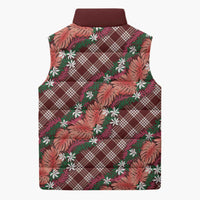 Polynesian Monstera Tiare Floral Sleeveless Puffer Jacket Burgundy Tropical Plaid LT01 - Polynesian Pride