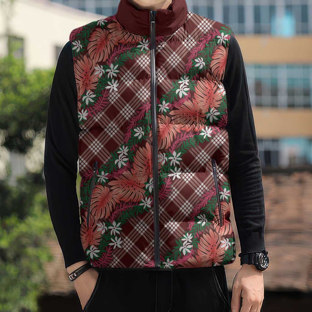 Polynesian Monstera Tiare Floral Sleeveless Puffer Jacket Burgundy Tropical Plaid LT01 - Polynesian Pride