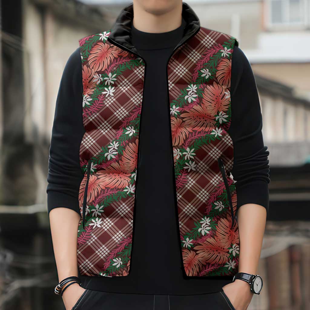 Polynesian Monstera Tiare Floral Sleeveless Puffer Jacket Burgundy Tropical Plaid LT01 - Polynesian Pride