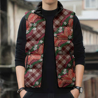 Polynesian Monstera Tiare Floral Sleeveless Puffer Jacket Burgundy Tropical Plaid LT01 - Polynesian Pride