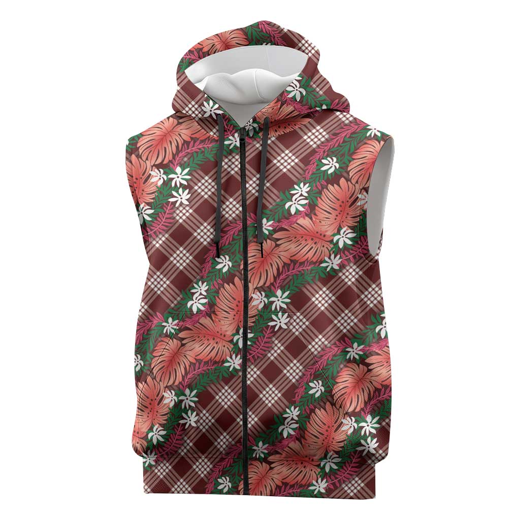 Polynesian Monstera Tiare Floral Sleeveless Zip Hoodie Burgundy Tropical Plaid LT01 Red - Polynesian Pride
